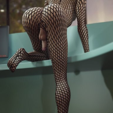 1boy, ass, blue eyes, feet, femboy, fishnet, fishnet bodysuit, freckles, jessie (skykliker), male, penis, presenting, red hair, skykliker, small penis