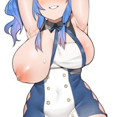 arms up, azur lane, blue hair, breast slip, breasts, dress, elbow gloves, female, garter straps, gloves, high resolution, huge breasts, lingerie, looking at viewer, one breast out of clothes