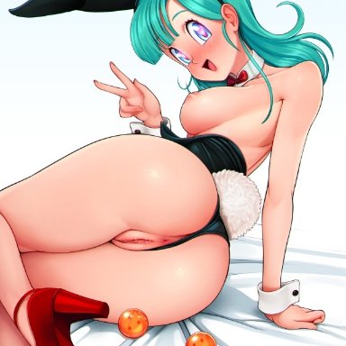 1girls, anus, areolae, ass, breasts, bulma briefs, bunny ears, bunny girl, bunnysuit, dragon ball, female, female only, heart-shaped pupils, looking at viewer, looking back
