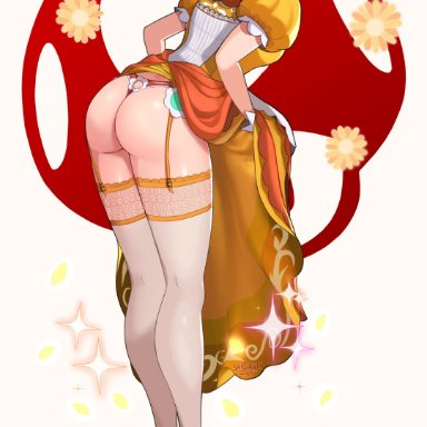 1girls, amiibo, artist name, ass, back, bent over, big ass, blue eyes, breasts, brown hair, clothing, crown, dress, dress lift, earrings