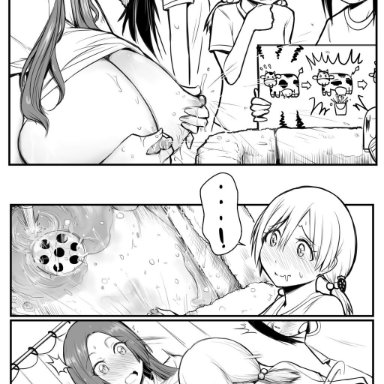 bleach, breast feeding, breast growth, breast sucking, chizuru honsho, comic, heart-shaped pupils, inoue orihime, karin kurosaki, lactation, large breasts, milk, monochrome, nosebleed, nurse uniform