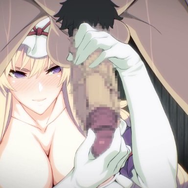 1boy, 1girl, animated, bare shoulders, big breasts, big penis, blonde hair, blush, breasts, buckethead ero, censored, cleavage, close-up, closed mouth, clothed