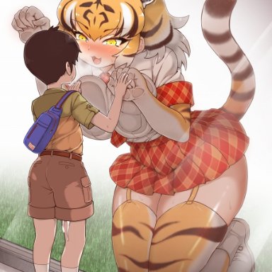 :3, :d, 1boy, against glass, animal ear fluff, animal ears, animal print, between breasts, blonde hair, blush, boots, breast press, breasts, commentary request, cum