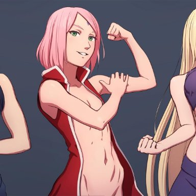 3girls, breasts, cleavage, female, female only, flexing, huge breasts, hyuuga hinata, ino yamanaka, looking at viewer, naruto, sakura haruno, small breasts, zoryc