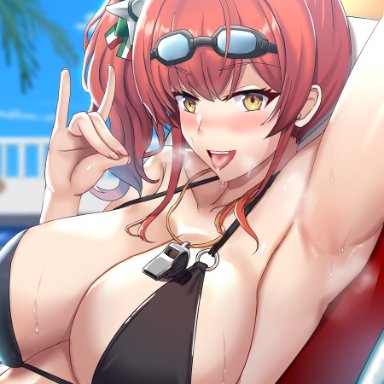 1girls, arm up, armpits, azur lane, bangs, bikini, black bikini, blue sky, blush, breasts, breathing, chair, cleavage, collarbone, day