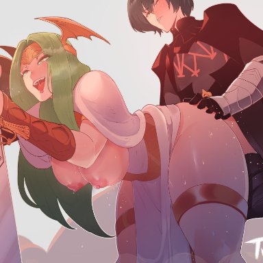 1boy, ahe gao, areolae, armor, armored dress, ass, bent over, breasts, breasts out of clothes, byleth (fire emblem), cape, clothed sex, curvaceous, doggy style, dress