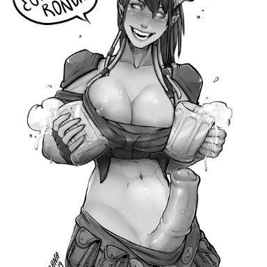 1futa, 1girls, abs, alcohol, animal genitalia, animal penis, armor, beer, beer mug, belt, big breasts, black and white, blush, breast press, breasts