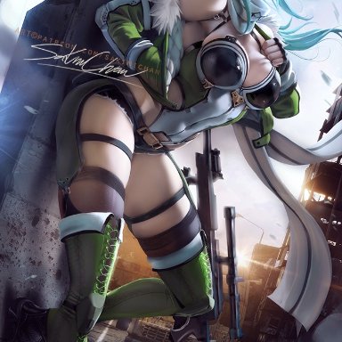 1girls, breasts, cleavage, female, female only, looking at viewer, pinup, sakimichan, sinon, solo, sword art online, thighhighs