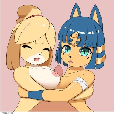 :3, 1:1, 2019, 2d animation, animal crossing, animated, ankha, anthro, areola, bandage, big breasts, black nose, blue eyes, blue hair, breast grab