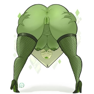 1girls, ass spread, bent over, blushmallet, fishnet thighhighs, green skin, hanging breasts, high heels, large breasts, peridot (steven universe), presenting, presenting anus, presenting hindquarters, presenting pussy, skindentation