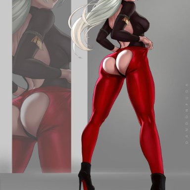 1girl, arched back, ass, assless chaps, curvy, dandon fuga, dat ass, edelgard (fire emblem), edelgard von hresvelgr (fire emblem), female, fire emblem, fire emblem: three houses, high heels, red tights, silver hair