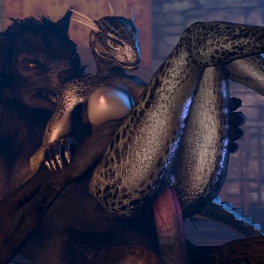 1boy, 1girls, 3d, animal genitalia, animated, anthro, argonian, bestiality, big breasts, breasts, claws, devilscry, erection, female, feral