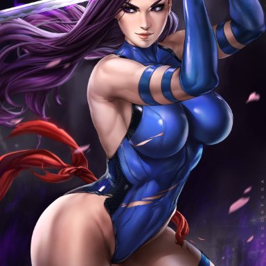 1girls, big breasts, breasts, cleavage, dandon fuga, female, female only, large breasts, marvel, pinup, psylocke, solo, thighhighs, x-men