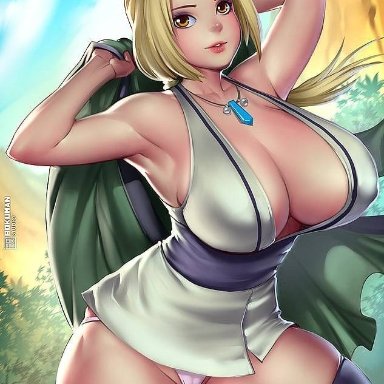 1girls, armpits, arms behind head, bare arms, bare shoulders, bbw, big breasts, blonde hair, blush, bokuman, brown eyes, busty, cleavage, clothing, female