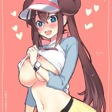 abs, alternate breast size, areolae, artist request, belly, big breasts, blue eyes, blush, brown hair, clothed, clothes, d1girls, double bun, eye contact, female