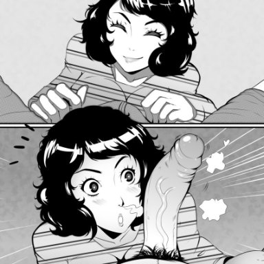 black hair, blush, heart-shaped pupils, imminent blowjob, imminent oral, kawakami sadayo, large penis, manga, monochrome, persona 5, pubic hair, sadayo kawakami, sweater, wiggle lines