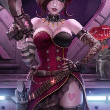 1girls, big breasts, borderlands, borderlands 3, breasts, cleavage, female, female only, large breasts, looking at viewer, mad moxxi, pinup, sciamano240, solo, thighhighs