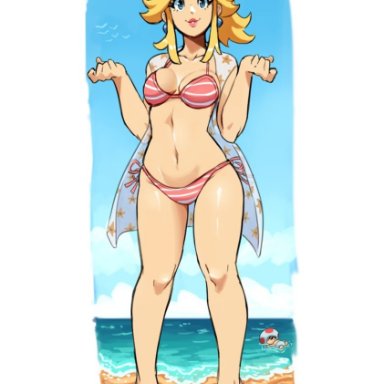 1boy, 1girls, beach, bikini, blonde hair, blue eyes, breasts, cleavage, crown, curvy, detailed background, earrings, feet, female, female focus