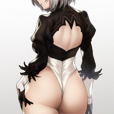 1girls, ass, big breasts, female, female only, houtengeki, large breasts, looking at viewer, looking back, nier, nier: automata, solo, thighhighs, yorha 2b