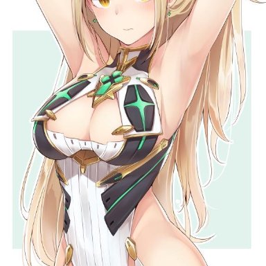 1girl, adapted costume, armpits, arms behind head, arms up, bangs, bare arms, bare shoulders, blonde hair, blush, breasts, cleavage, cleavage cutout, closed mouth, cowboy shot