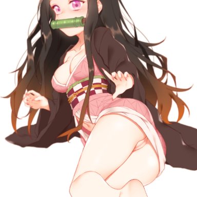 censored, cleavage, feet, japanese clothes, kamado nezuko, kimetsu no yaiba, no bra, nopan, open shirt, pussy, tagme