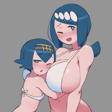 2girls, age difference, alternate breast size, annue, back, belly, between breasts, big breasts, bikini, blue eyes, blue hair, blush, breasts, cleavage, clothed