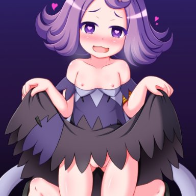 1girls, acerola (pokemon), areolae, armlet, bare shoulders, blush, clavicle, cleft of venus, dress, dress down, dress lift, elite four, exposed, exposed breasts, exposed pussy