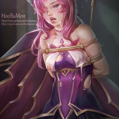 1girls, alternate costume, arms behind back, bondage, breasts, cum, cum on face, female, female only, femsub, hoobamon, league of legends, restrained, rope, solo