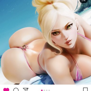 1girls, alternate breast size, alternate hairstyle, alternate outfit, ass, beach, big ass, big breasts, bikini, blonde hair, breasts, cleavage, clothed, eye contact, female