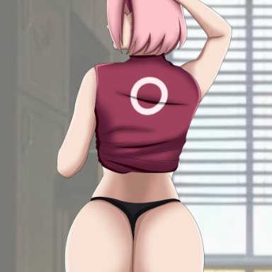 ass, back, back view, big ass, black panties, booty, boruto: naruto next generations, criquet, female, head grab, naruto, naruto (series), nude female, pink hair, sakura haruno