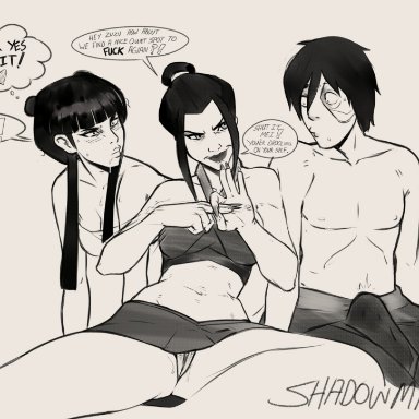 1boy, 2girls, avatar the last airbender, azula, bangs, black hair, brother, brother and sister, cuckquean, dialogue, drooling, erection, exposed, exposed pussy, fingers