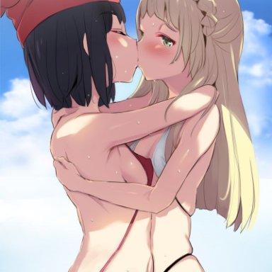 2girls, ass, blush, breasts, female, female only, female protagonist (pokemon sm), kissing, lillie (pokemon), noripachi, pokemon, pokemon sm, yuri