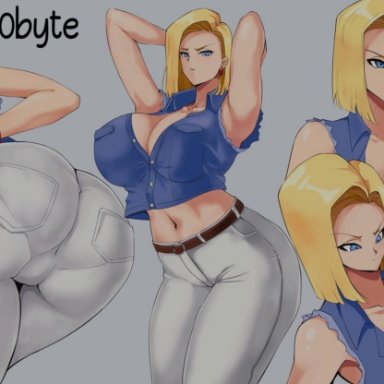 0byte, 1girls, alternate version available, android 18, blonde hair, blue eyes, cameltoe, cleavage, curvy, dragon ball, dragon ball z, erect nipples, female, huge areolae, huge ass