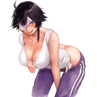 1:1 aspect ratio, ahoge, ass, bare arms, bare shoulders, bent over, black hair, blue eyes, blush, breasts, clavicle, cleavage, covering eyes, curvaceous, erect nipples