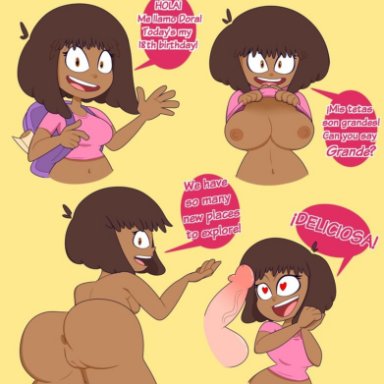 brown eyes, brown hair, bwc, dora marquez, dora the explorer, gametimeasia, heart-shaped pupils, interracial, mexican, presenting breasts, presenting hindquarters, shirt lift, spanish text