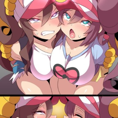 2girls, blush, breasts, brown hair, clothing, forced, hat, hilda (pokemon), hypno, hypnosis, kissing, konno tohiro, mind control, pokemon, pokemon bw