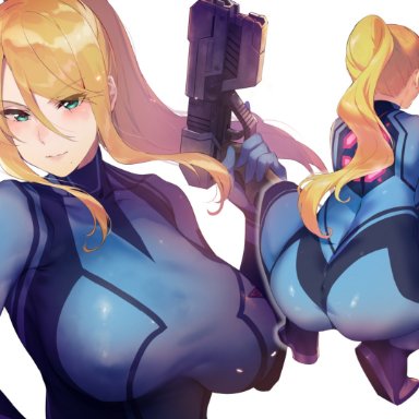 1girls, ass, big ass, big breasts, blonde hair, blue eyes, breasts, cleavage, female, female only, iku (ikuchan kaoru), large breasts, looking at viewer, metroid, samus aran