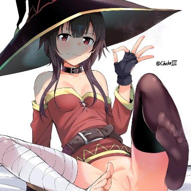 bandages, chicke iii, dress, feet, kono subarashii sekai ni shukufuku wo!, megumin, no bra, nopan, photoshop, pussy, signed, skirt lift, thighhighs, uncensored, witch