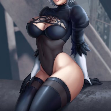 1girls, breasts, cleavage, female, female only, flowerxl, looking at viewer, nier, nier: automata, pinup, solo, thighhighs, yorha 2b