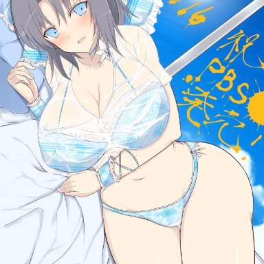 10s, 1girls, bikini, black hair, blue bikini, blue bow, blue eyes, blush, bow, breasts, cleavage, cowboy shot, dated, female, flower