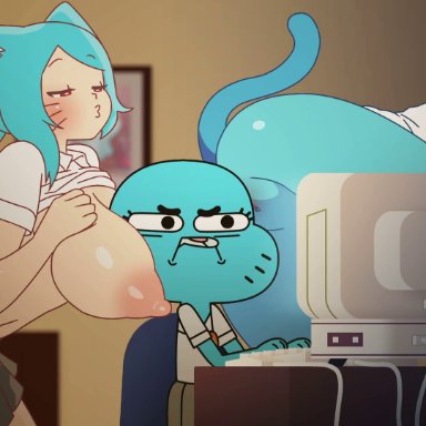 3girls, animated, annoyed, anthro, ass, between breasts, blue fur, blue hair, clone, clothes, computer, eye contact, eyelashes, funny, half-closed eyes