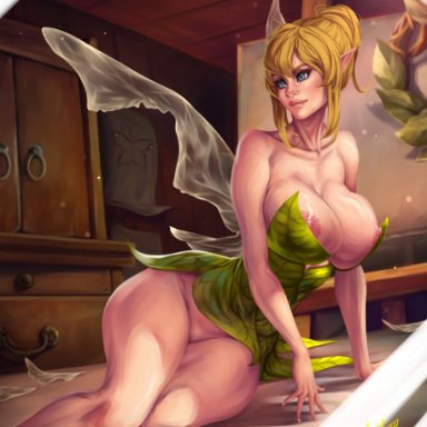 areolae, ass, bare arms, bare legs, bare shoulders, blonde hair, blue eyes, bottomless, crossed legs, disney, dress, fairy, fantasy, female, female focus