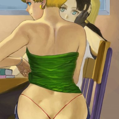 2019, 2girls, ass, bare shoulders, black hair, blonde hair, butt, dark hair, dragon ball, dragon ball z, erasa, female, female focus, female only, from behind