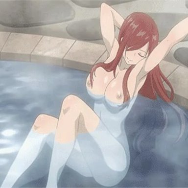 1girl, 2d, animated, animated gif, areolae, bath, bouncing breasts, breasts, closed eyes, edit, edited, erza scarlet, fairy tail, female only, gif