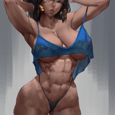 :o, 1girls, abs, armpits, arms behind head, arms up, ass, belly, black hair, blizzard entertainment, bra, breasts, choker, crop top, curvaceous