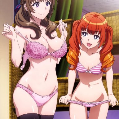 :d, 2girls, bangs, bare shoulders, black legwear, blunt bangs, bra, braid, breasts, bright pupils, brown hair, changing room, clavicle, cleavage, eyebrows visible through hair