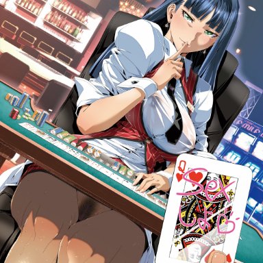 1girls, alcohol, ambiguous gender, bangs, bar, black neckwear, blue hair, blush, bottle, breasts, card, casino, chair, chandelier, collared shirt