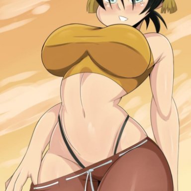 1girl, alternate breast size, avatar the last airbender, big breasts, black hair, blush, bmayneart, busty, clothed, female, female only, g-string, green eyes, halter top, midriff