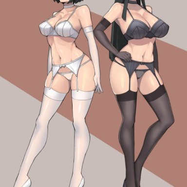 2girls, big breasts, black lingerie, donburikazoku, high heels, kill la kill, lingerie, matoi ryuuko, satsukii, stockings, white lingerie