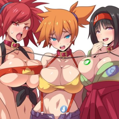 3girls, big breasts, blush, breasts, cleavage, collar, erika (pokemon), female, female only, femsub, flannery, kasumi (pokemon), kimono, konno tohiro, large breasts